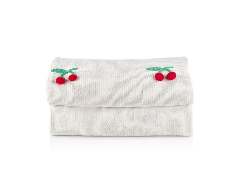 Cherry Pop Kiraz Nakışlı Krem Rengi Throw Tek Kişilik Battaniye 140 x 190 cm